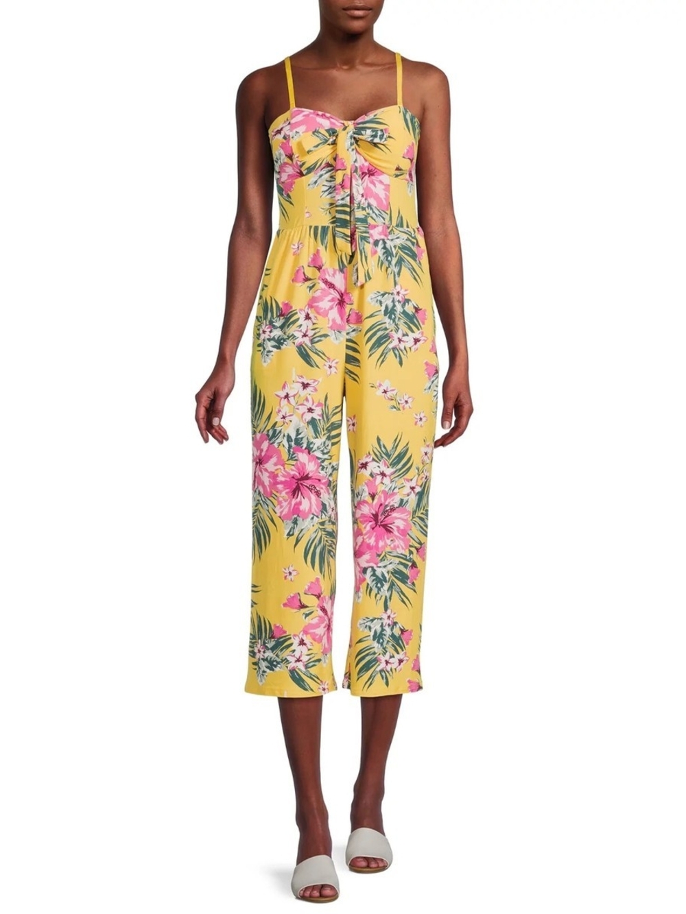 New No Boundaries Strapless/Straps Tie Front Yellow Floral Capris Jumpsuit Sz L